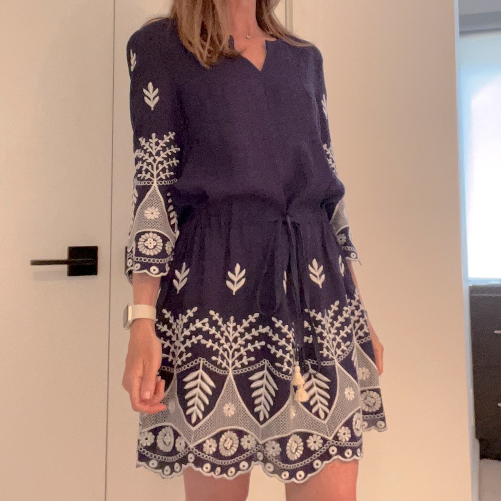 MISA | Blue and White Embroidered Dress, Drawstring Waist, 3/4 Sleeves, Size XS